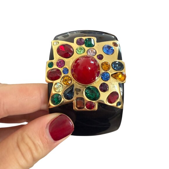 SET OF TWO Kenneth Jay Lane Large Ruby Center Black Maltese Cross Cuff bracelet - Picture 6 of 11